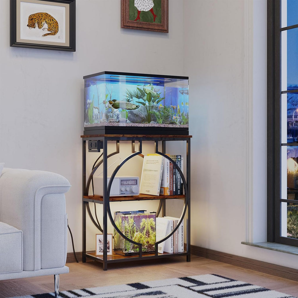 10 Gallon Aquarium Stand with Power Outlet, 3 Tier Heavy Duty Metal Fish Tank Stand with Storage, Fish Tank Table