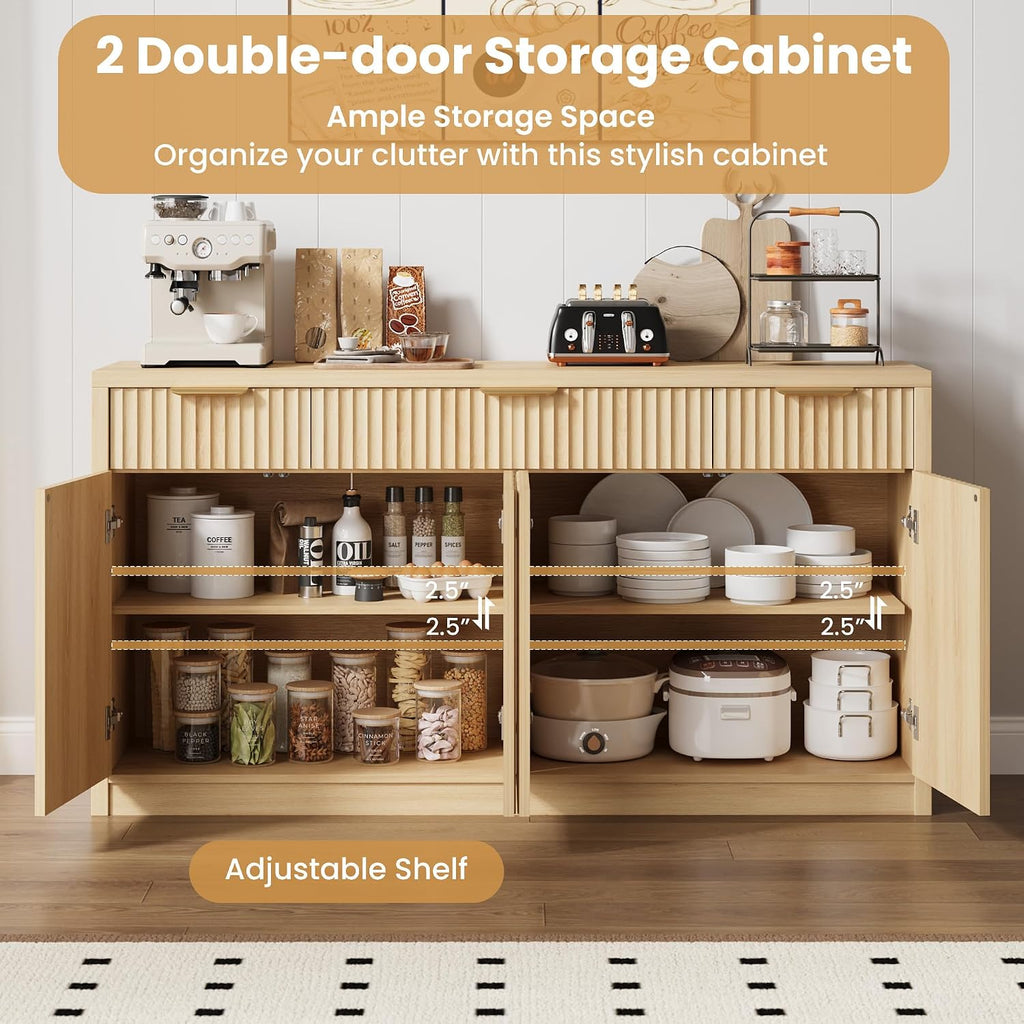 55" Buffet Sideboard Cabinet, Modern Fluted Storage Cabinets Natural | Wood Coffee Bar Storage Cabinet with 3 Drawers