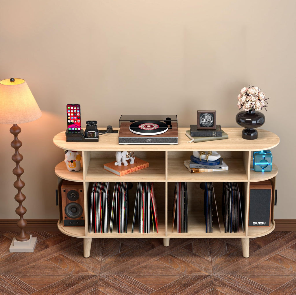Large Round Record Player Stand with Charging Station & USB Ports