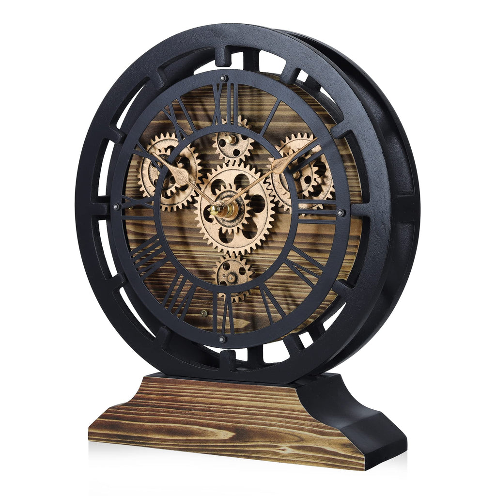 Moving Gears Clock Convertible into Wall Clock, Rustic Mantel Clocks, Brown and Black Vintage Desk Clock 10 Inch