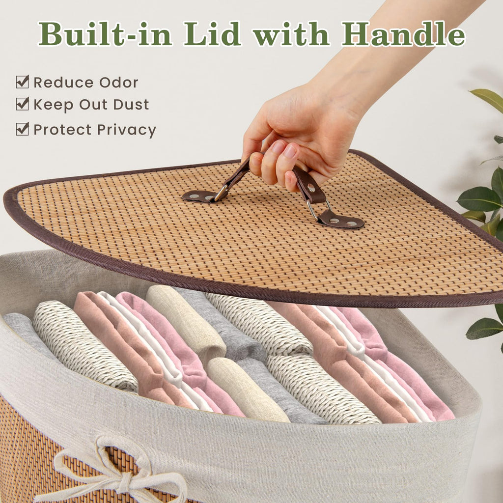Corner Bamboo Laundry Hamper with Lid and Removable Liner, Bamboo