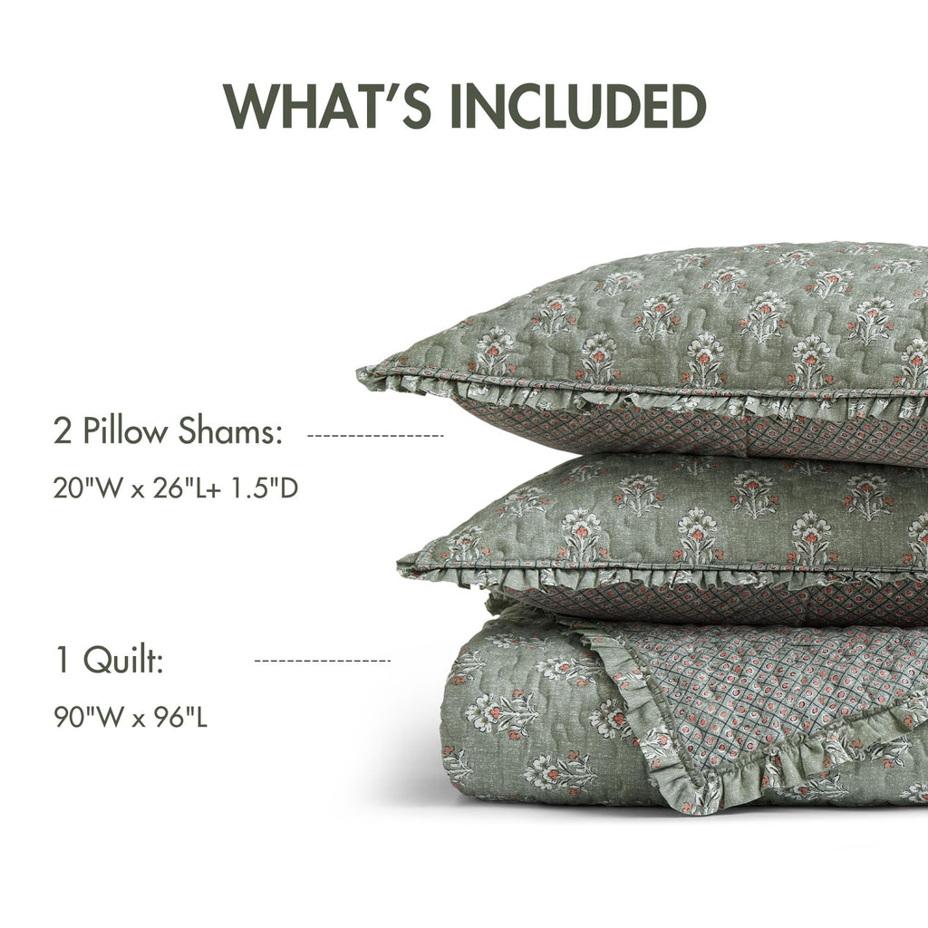Vintage Floral Quilt Set, 3PC Reversible Bedding Set