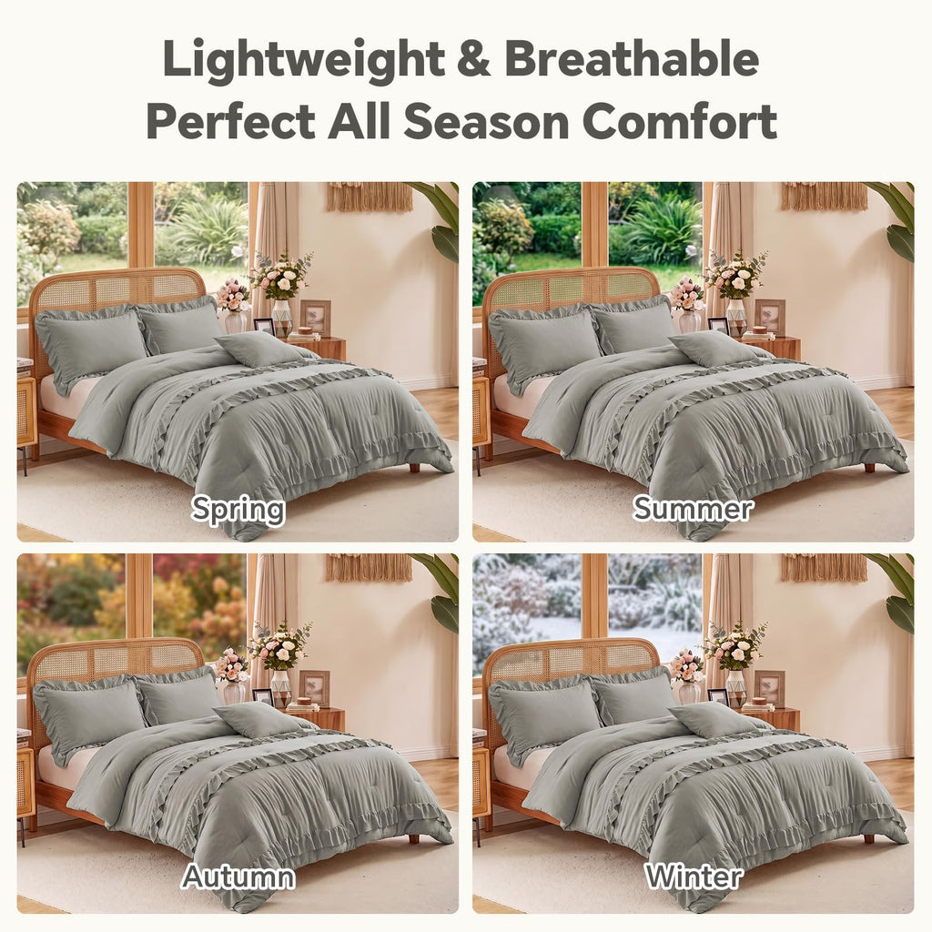 Grey Ruffle Comforter, 4 Pieces Farmhouse Bedding Set