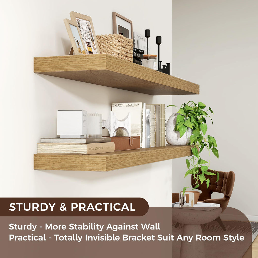 48" Wide x 9" Deep Floating Shelves for Wall, Oak Finish, 2-Pack