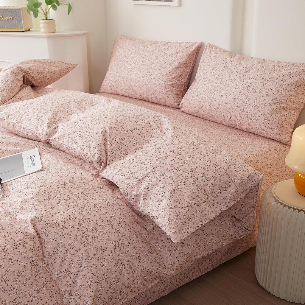 Vintage Garden Pink Ditsy Floral Comforter Set Pink Soft 100% Cotton 3-Piece Chic Feminine Floral Bedding Set