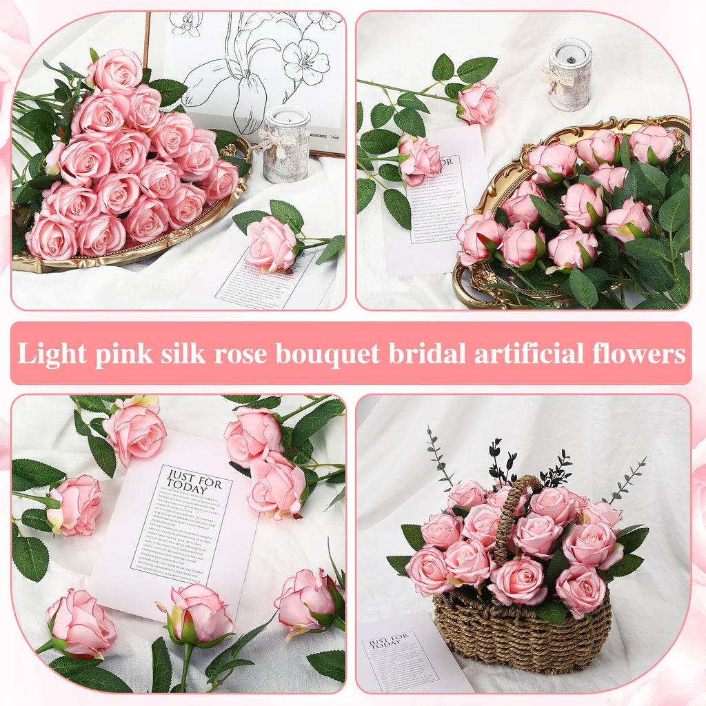 80 Pcs Artificial Roses Long Stem Silk Flowers Light Pink