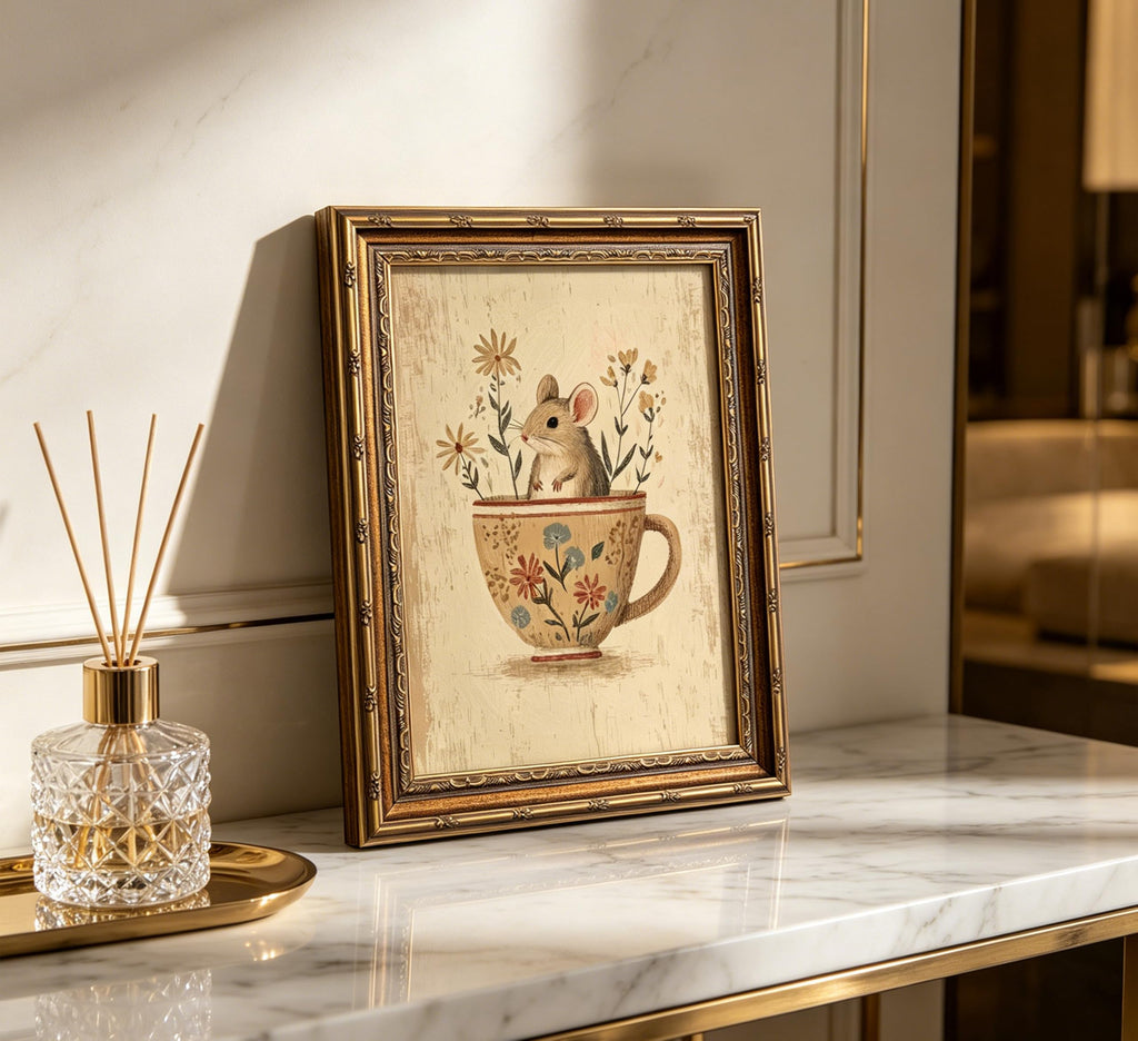 Vintage Gold Framed Mouse Wall Art, Rat in Floral Teacup Canvas Print, Cottagecore Whimsical Animal Picture Wall