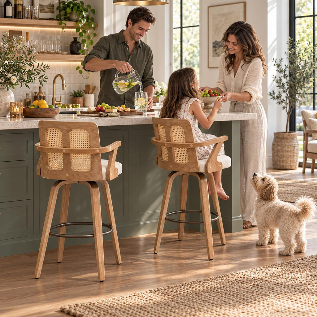 Swivel Counter Height Bar Stools, Walnut Counter Stools with Cane Back