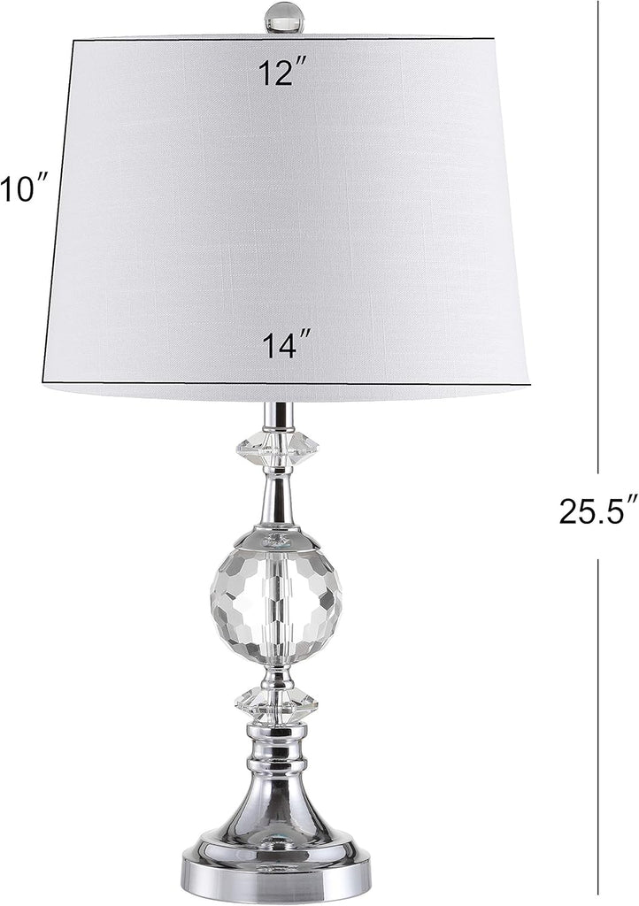 25.5" Clear Crystal and Chrome Table Lamp, Glam Faceted Sphere Bedside Lamp with White Linen Drum Shade