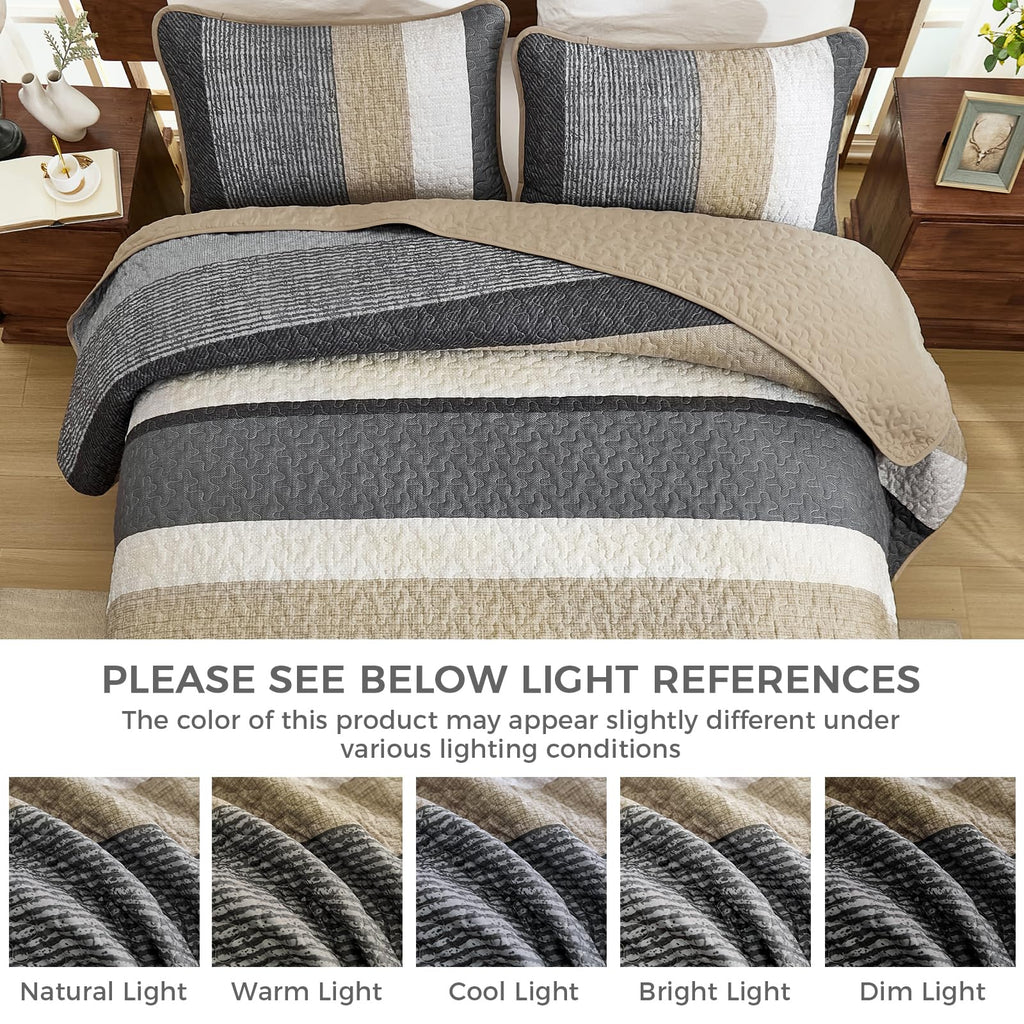 Grey Quilt Set, 3-Piece Boho Striped Bedding