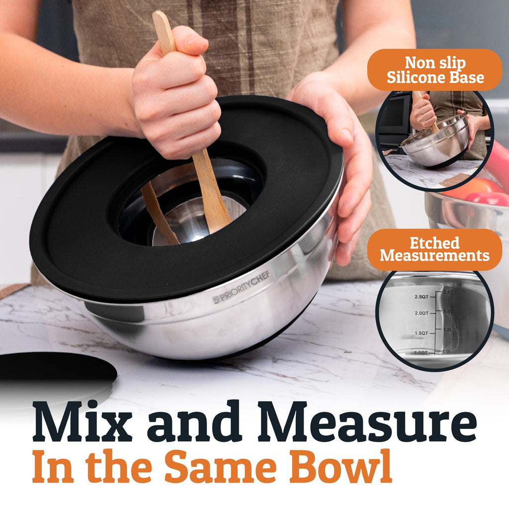 6Pc Stainless Steel Mixing Bowls with Lids Set, Huge 7 Qrt Size Metal Bowl Set, 3 Graters, Non-Slip Bases & Silicone