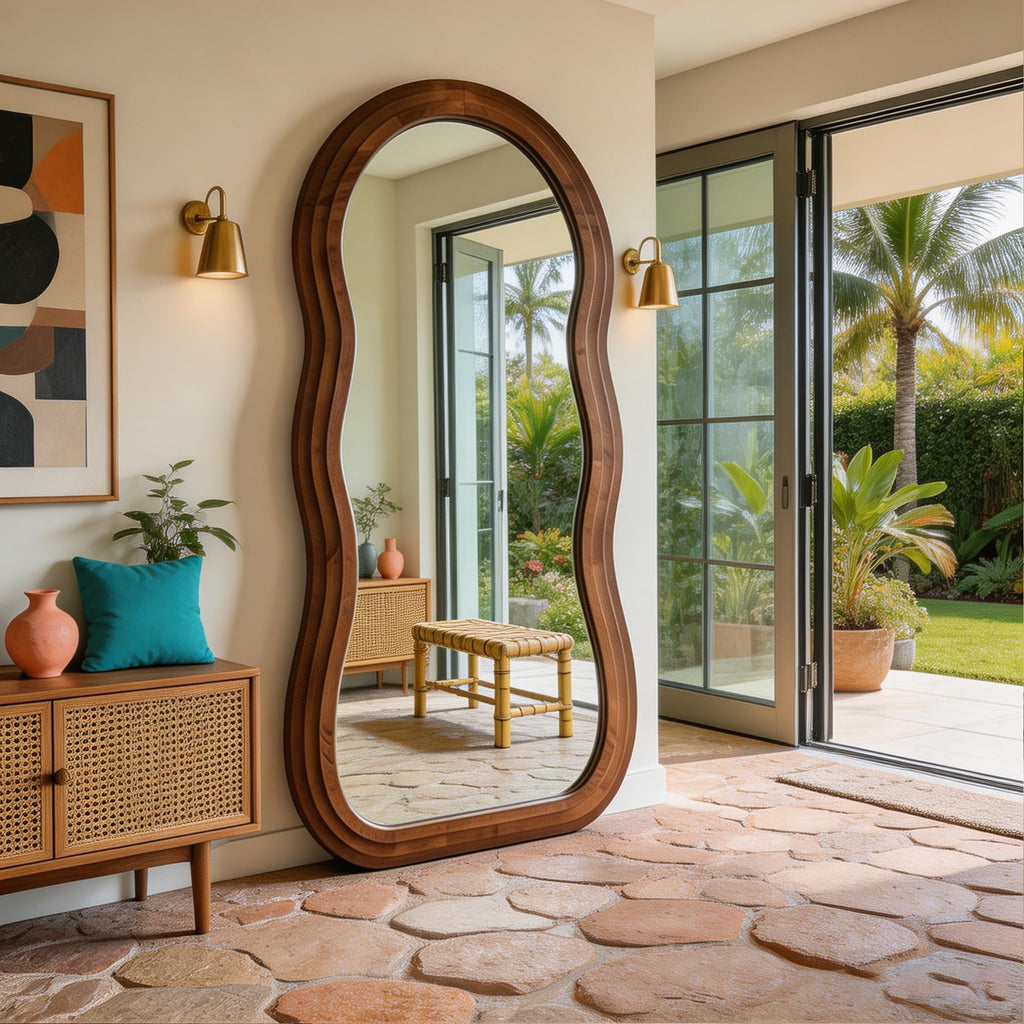 Wavy Full Length Mirror, 71"x33.5" Arch Solid Wood Floor Mirror