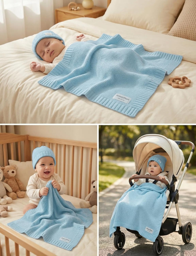 Newborn Baby Gift Set, Cotton Knit Blanket & Matching Beanie for Boys Girls