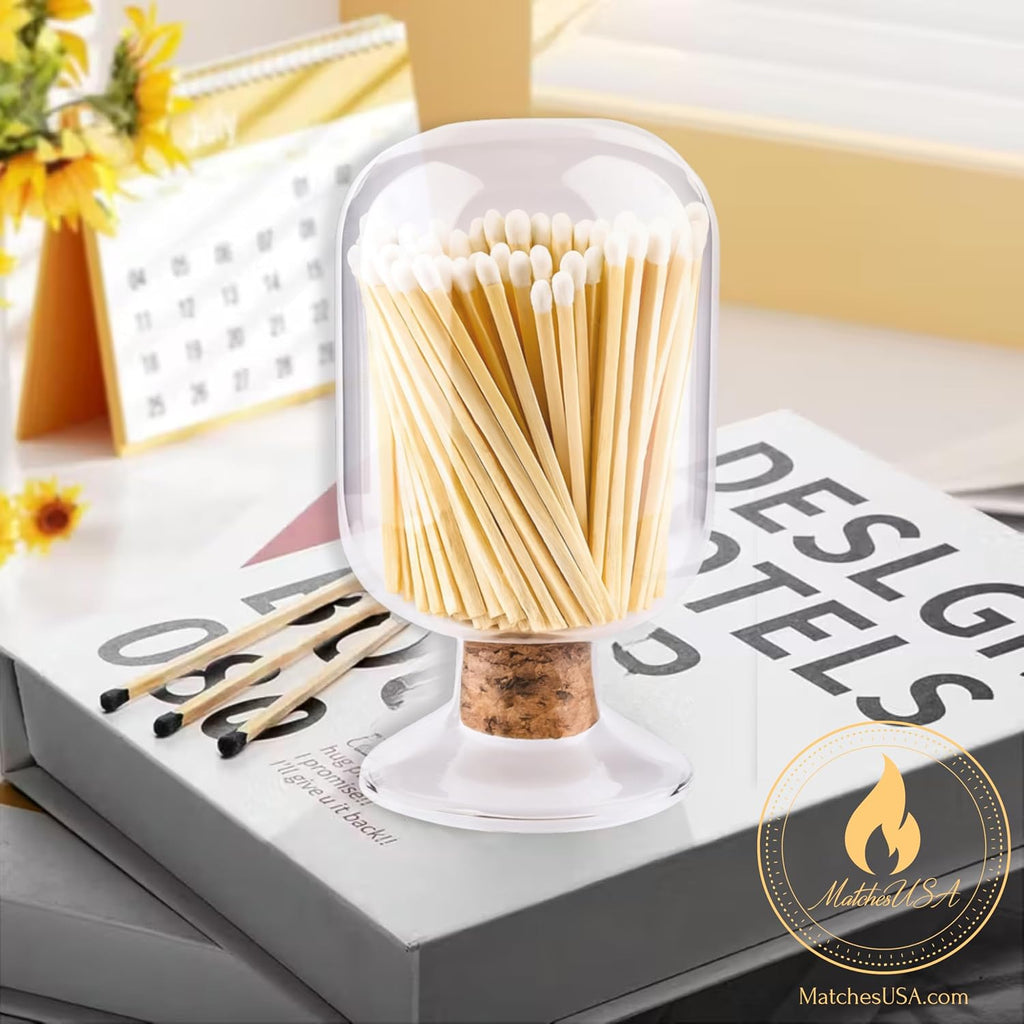 Includes Matches | Decorative Glass Matches Cloche | Bottle Jar Fireplace Candle Match Holder Gift Set