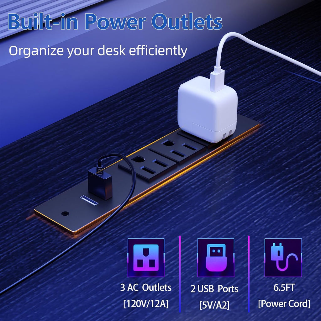 61" Gaming Desk with Outlets & LED, Large Computer Desk, Black | AC Outlets & USB, Ergonomic Monitor Stand, Drawer &