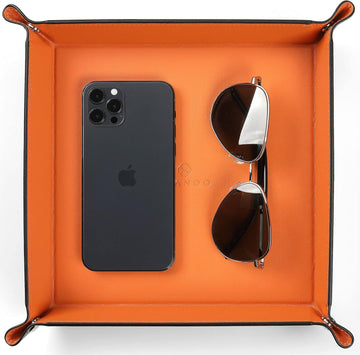 Travel Valet Tray, Foldable PU Leather Catchall Tray, Orange Black