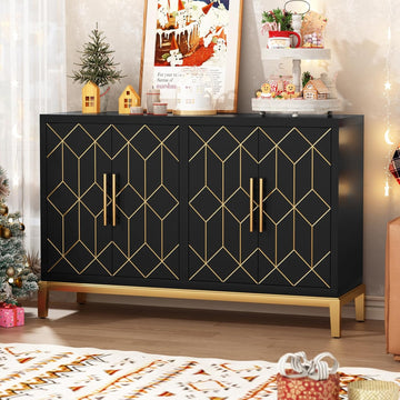 Accent Cabinet with 4 Doors&Shelves, Sideboard Buffet Cabinet with Gold Trim, Modern Black Storage