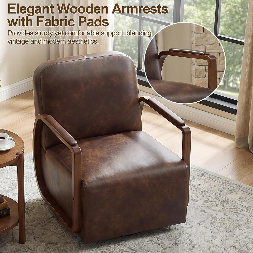 Faux Leather 360° Swivel Barrel Accent Chair, Upholstered Mid Century Modern Reading Lounge Chair with Wooden
