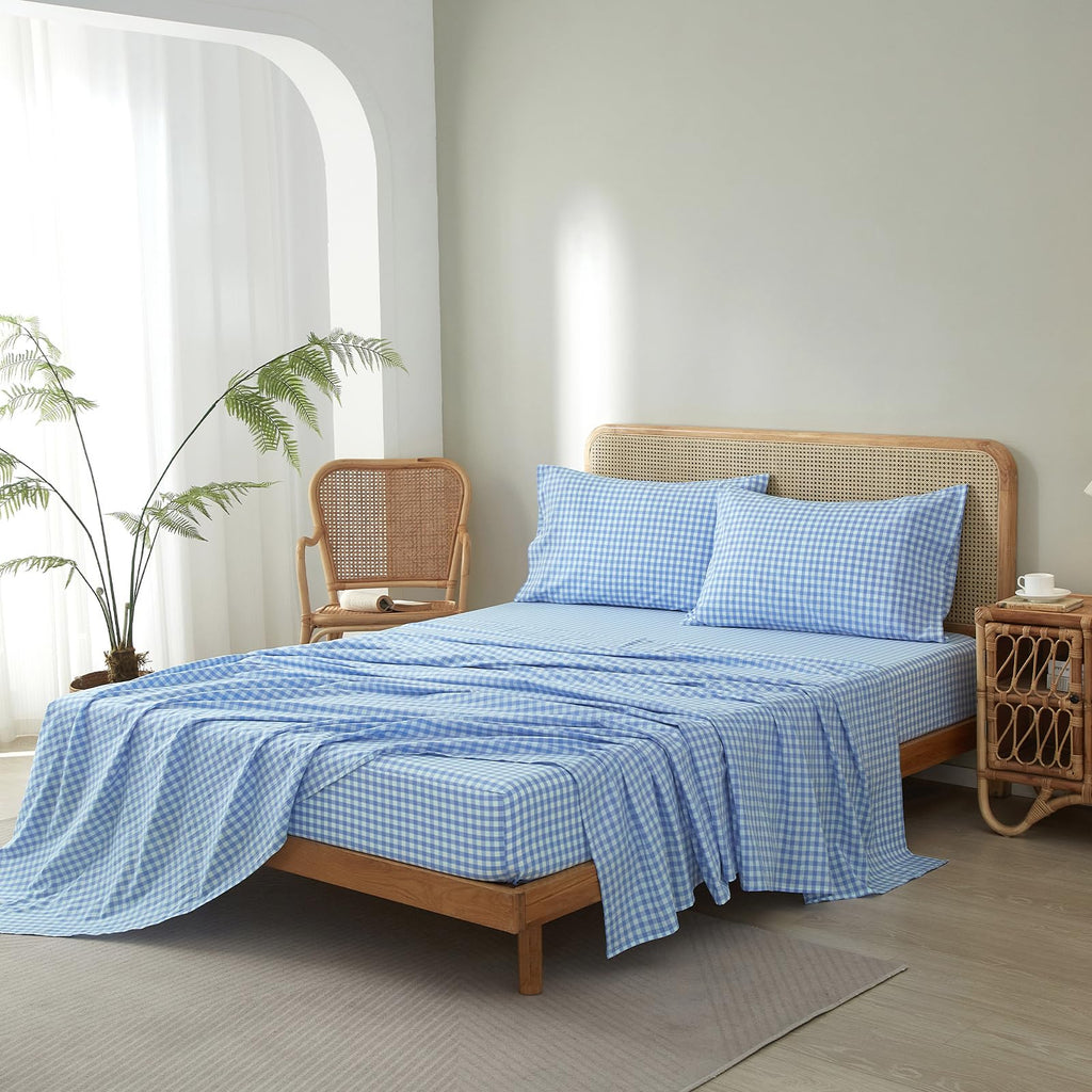 Blue Gingham Sheets Set, 100% Washed Cotton Blue Plaid Bed Sheets, Breathable Comfy Vintage Checkered
