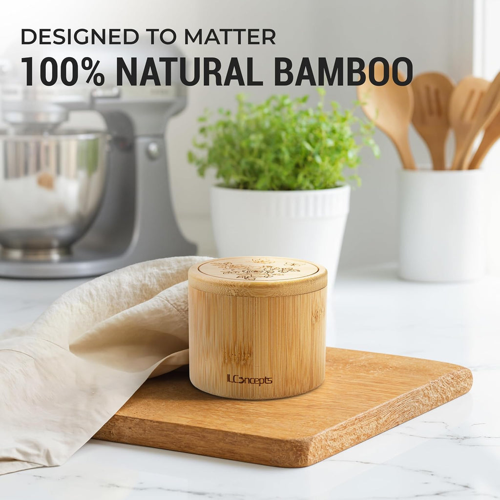 Bamboo Salt Cellar Storage Box, Bowl with Magnetic Swivel Lid and Spoon, Wooden Container for Countertop, Holder