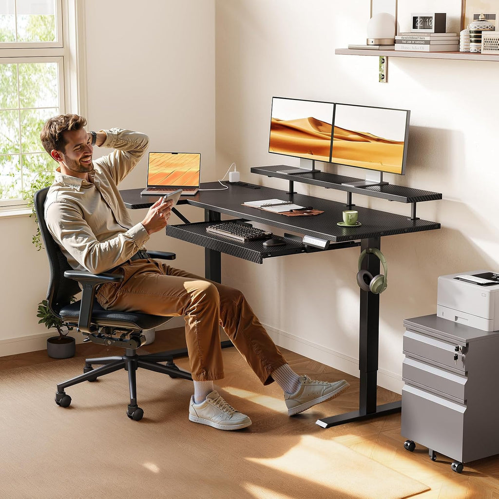 55" Reversible L Shaped Electric Standing Desk, Carbon Fiber Black | Monitor Stand, Keyboard Tray, Power Outlets, 3