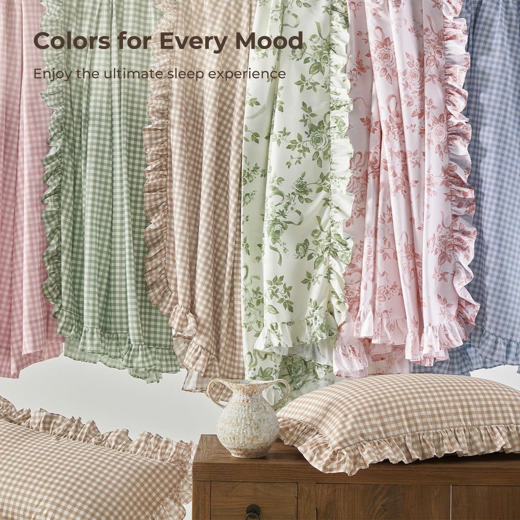 Tan Gingham Ruffle Sheets Set 4 Pieces