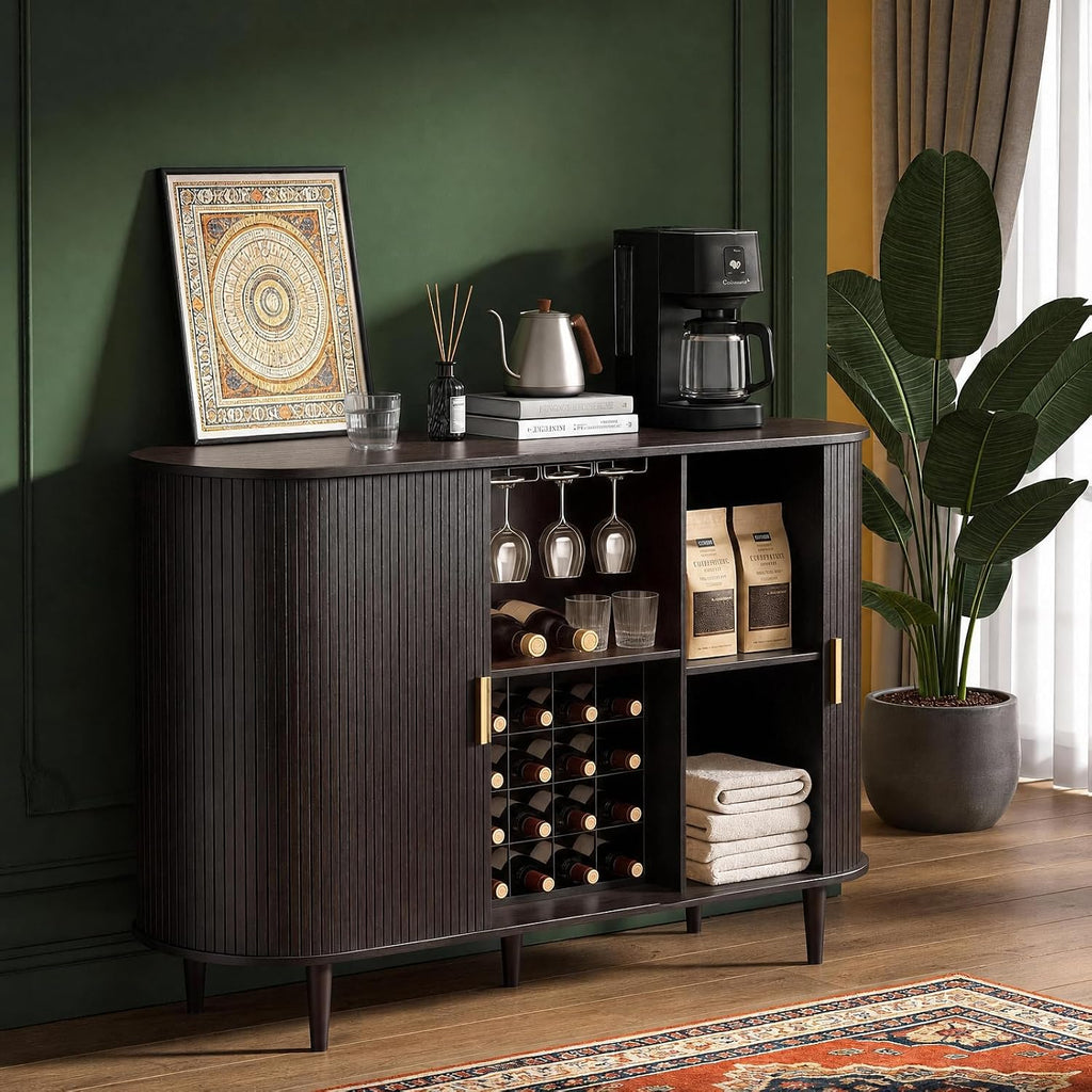 55" Wine Bar Cabinet with Storage, Fluted Liquor & Coffee Bar Cabinet with Wine Rack and Glass Holder, Buffet