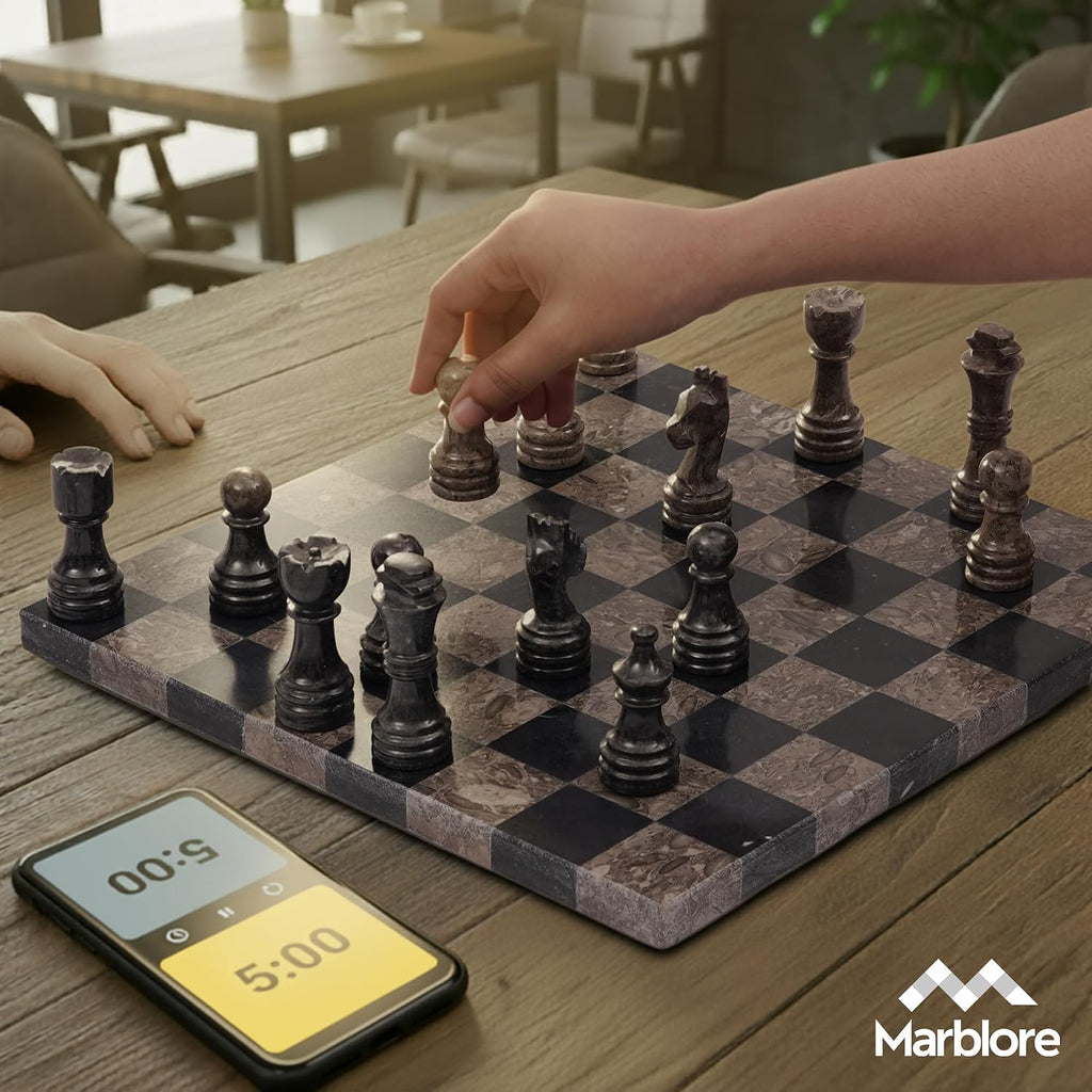 Marble Chess Set 12 Inch Oceanic and Black Luxury Decorative Chess Board Game with 32 Chess Pieces & 2 Extra Queens - Set of 34