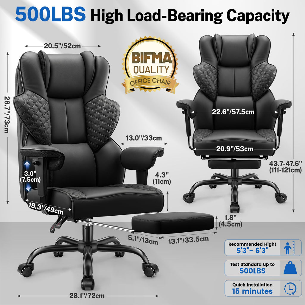 Big and Tall Office Chair 500lbs - Ergonomic Desk Chair with Footrest, Scratch-Resistant PU Leather Computer Chair