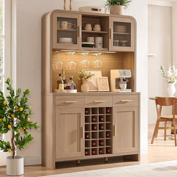 77" Tall Pantry Cabinet & Coffee Bar Cabinet with Storage,Gray Oak | Wine Cabinet Home with LED Lighting & Charging
