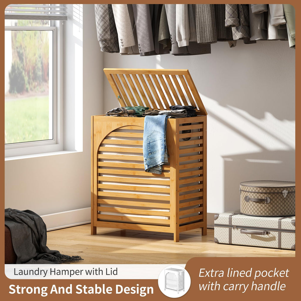 Laundry Hamper with Lid, Bamboo with Handles and Removable Liner Bag, 125L Laundry Basket & Laundry Room (Natural)