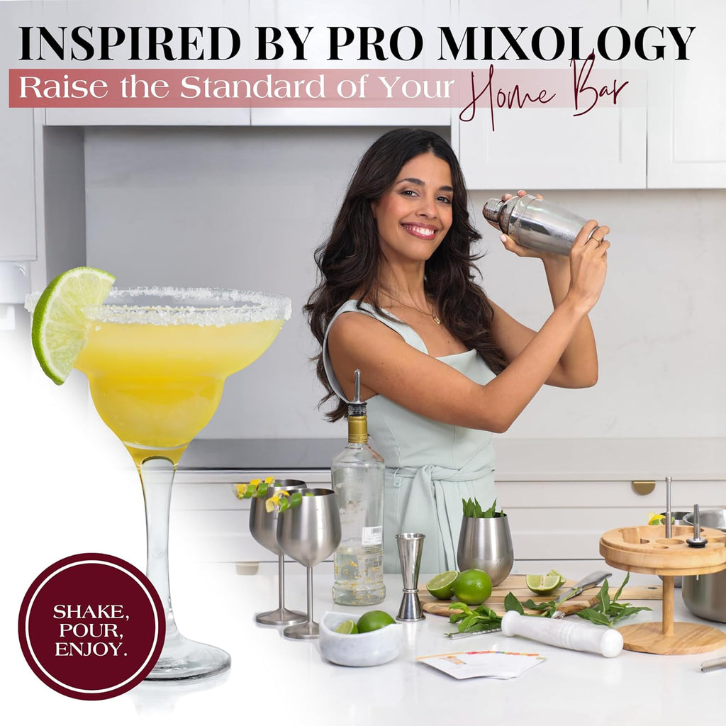 Cocktail Set Bartender Kit with Stainless Steel Ice Bucket - Complete Mixology Bar Tool Set with Wooden Organizer
