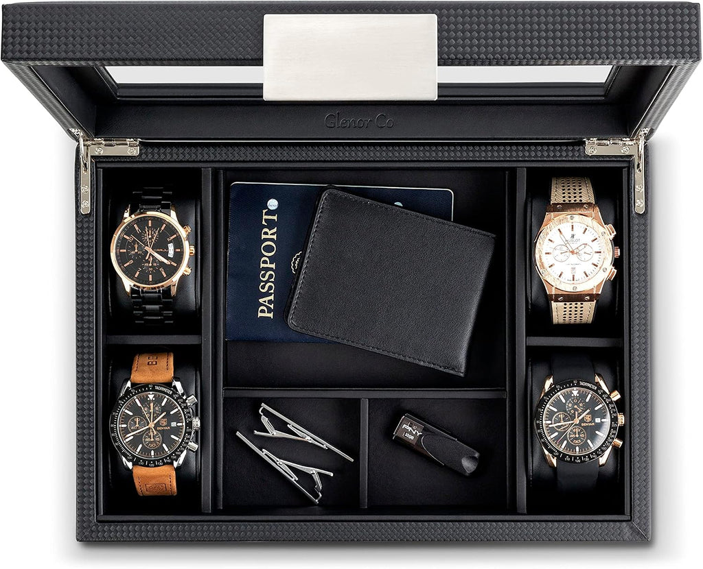 Valet Jewelry Box for Men - Holds 4 Watches, 12 cufflinks, 2 Sunglasses & Tray Storage - Mens Watch Case