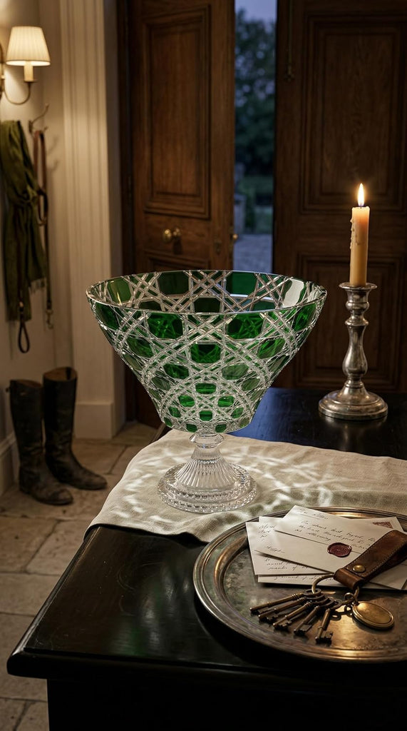 Verdura Emerald Cut to Clear Crystal Footed Bowl - Handcrafted Pedestal Centerpiece & Decorative Compote - Luxury