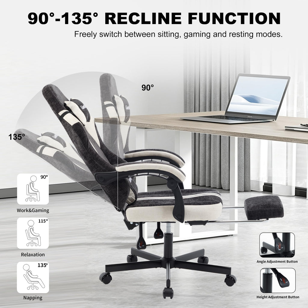 Fabric Gaming Chair for Adults, Video Game Chairs with Footrest, Black&White