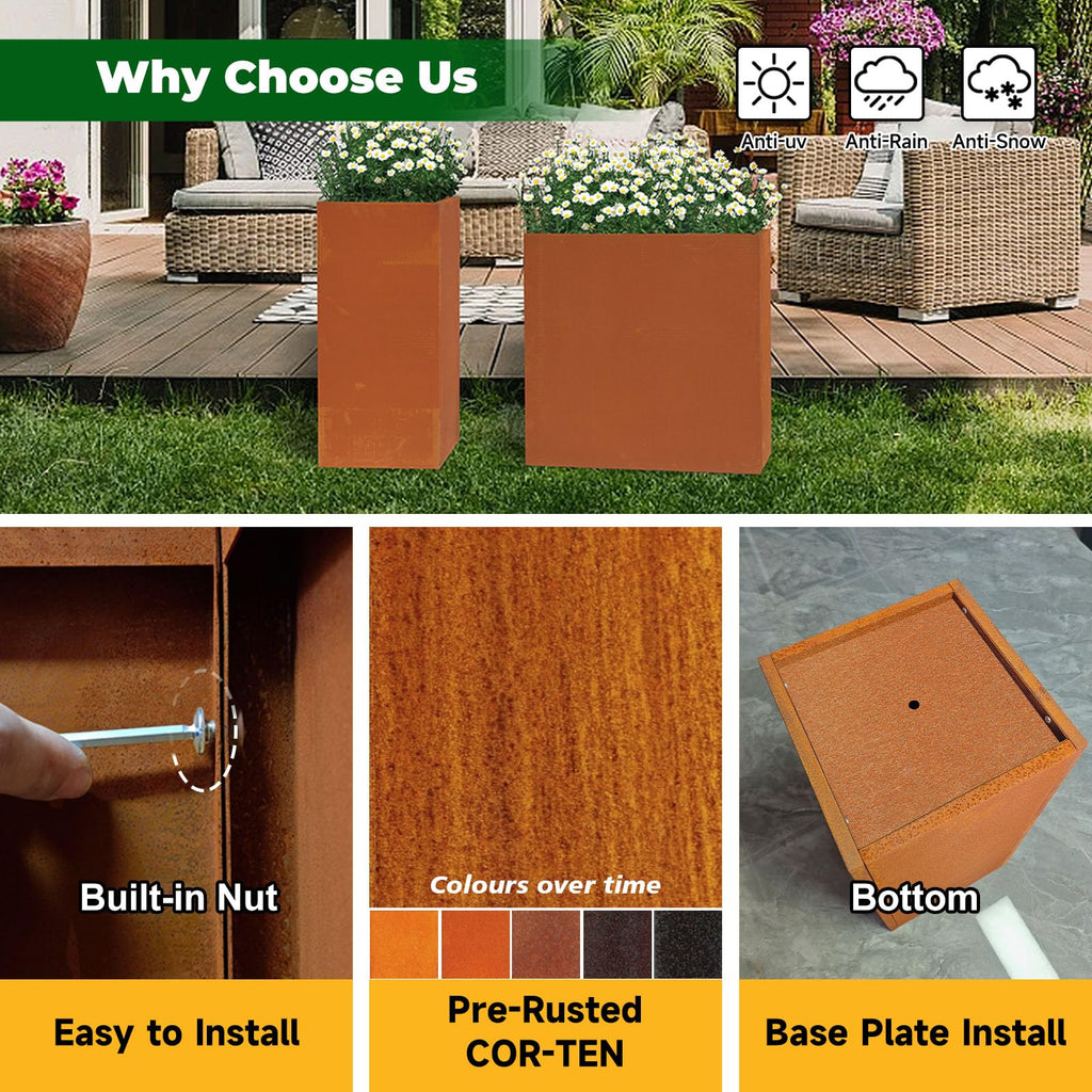 Corten Steel Tall Planter Box 14"x14"x30" Rusted Metal Spliced Planter