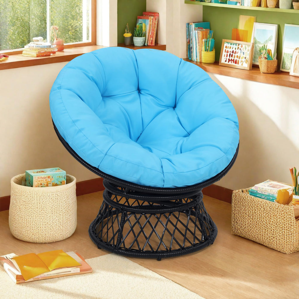 40" Ergonomic Wicker Papasan Chair, Black Frame with Blue Cushion