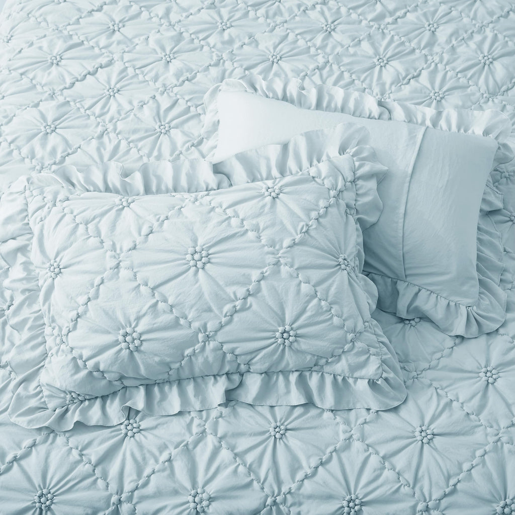 Comforter Set, Cornflower Blue Pinch Pleat Ruffle, 3 Pieces