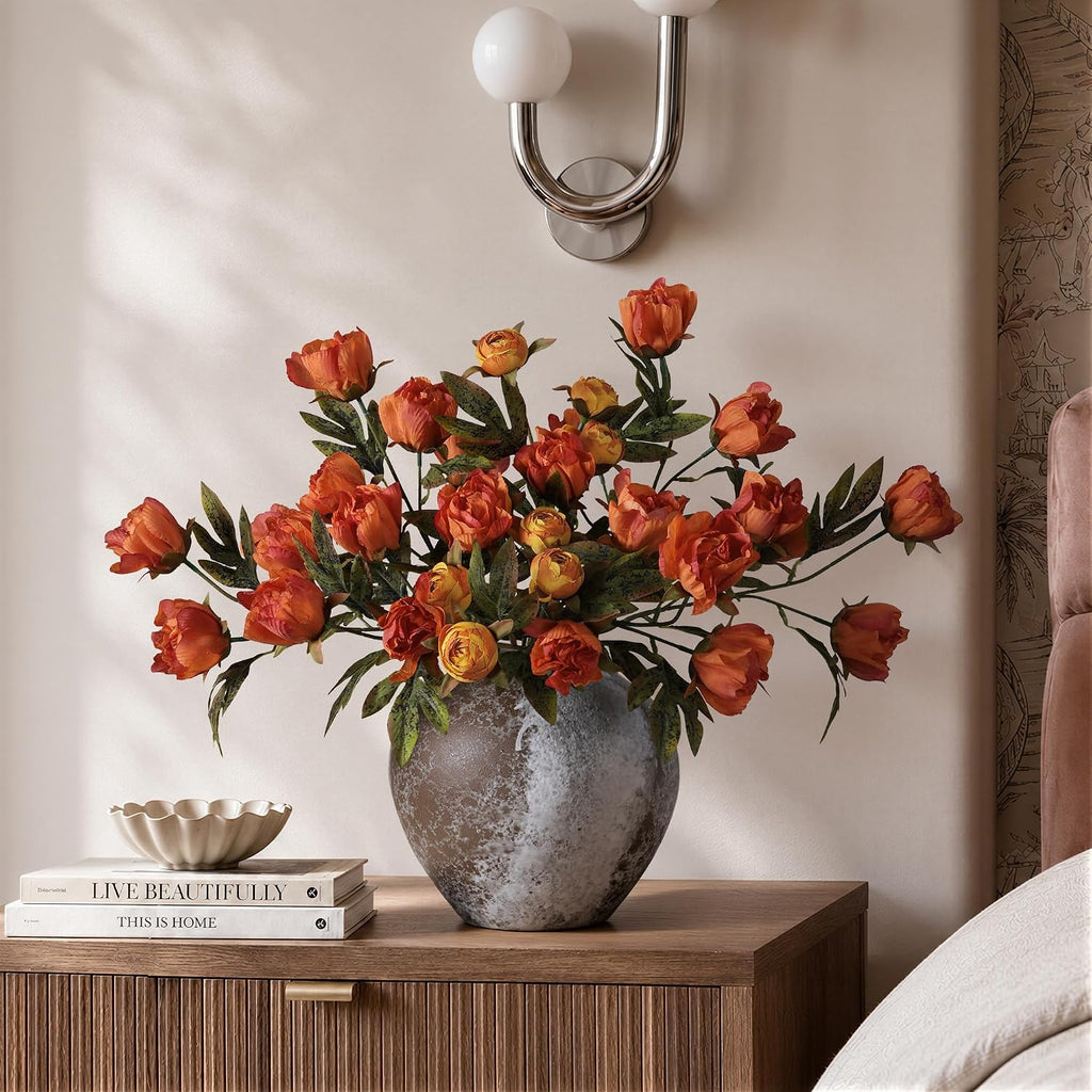 Artificial Peony Flowers, Faux Silk Peonies Stems with Distressed Leaves, Fade Resistant Floral Branches - Set of 8