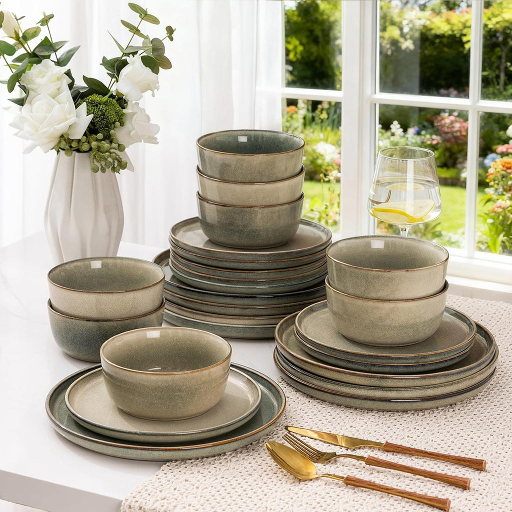 Stoneware Dinnerware Sets,Round Reactive Glaze Ceramic Plates and Bowls Sets,Highly Scratch Resistant | Dishwasher &