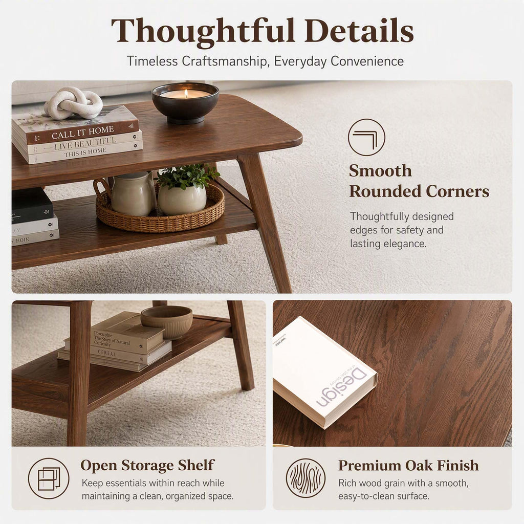 100% Solid Oak Coffee Table with Storage Shelf, 39.37" W