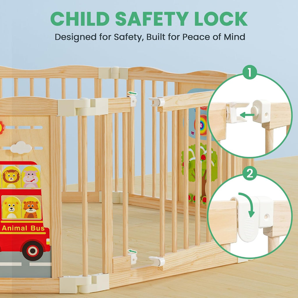 Foldable Wooden Playpen - Adjustable Wood Baby Play Yard with Child-Proof Lock, Indoor Large Safety Fence for Babies
