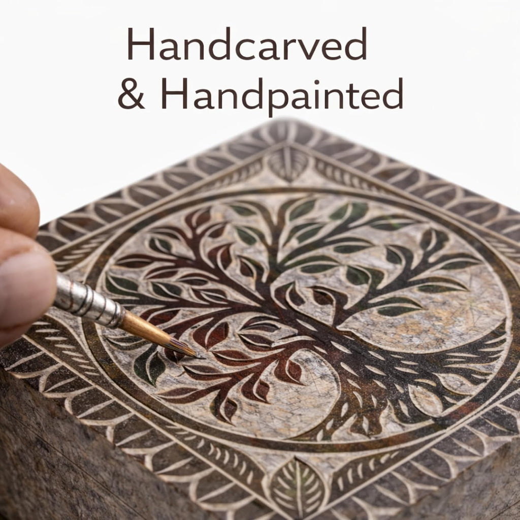 Hand Carved Marble Soapstone Square Jewellery Box, 4x4x2 Inch