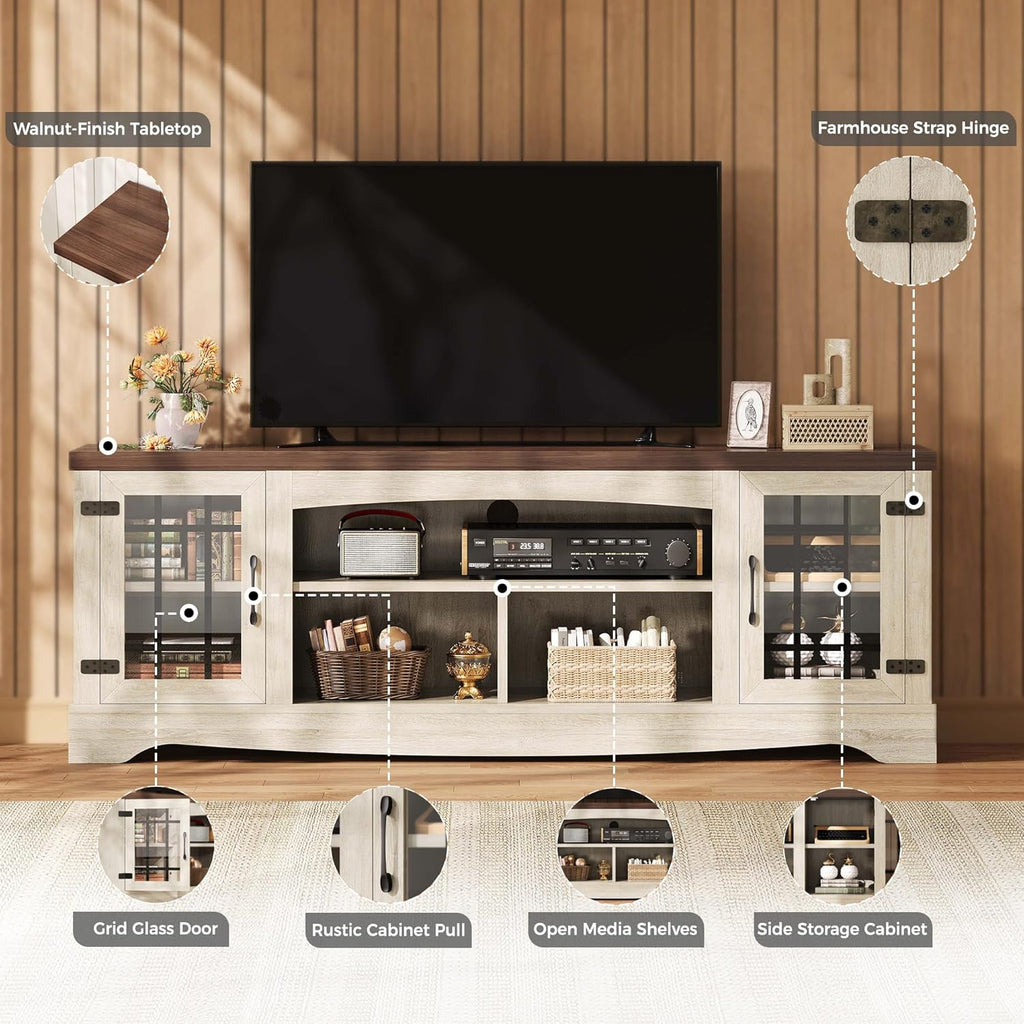 Farmhouse TV Stand for 75 Inch TV, Light Oak & Walnut | 2 Storage Cabinets, Open Shelves, Grid Glass Doors