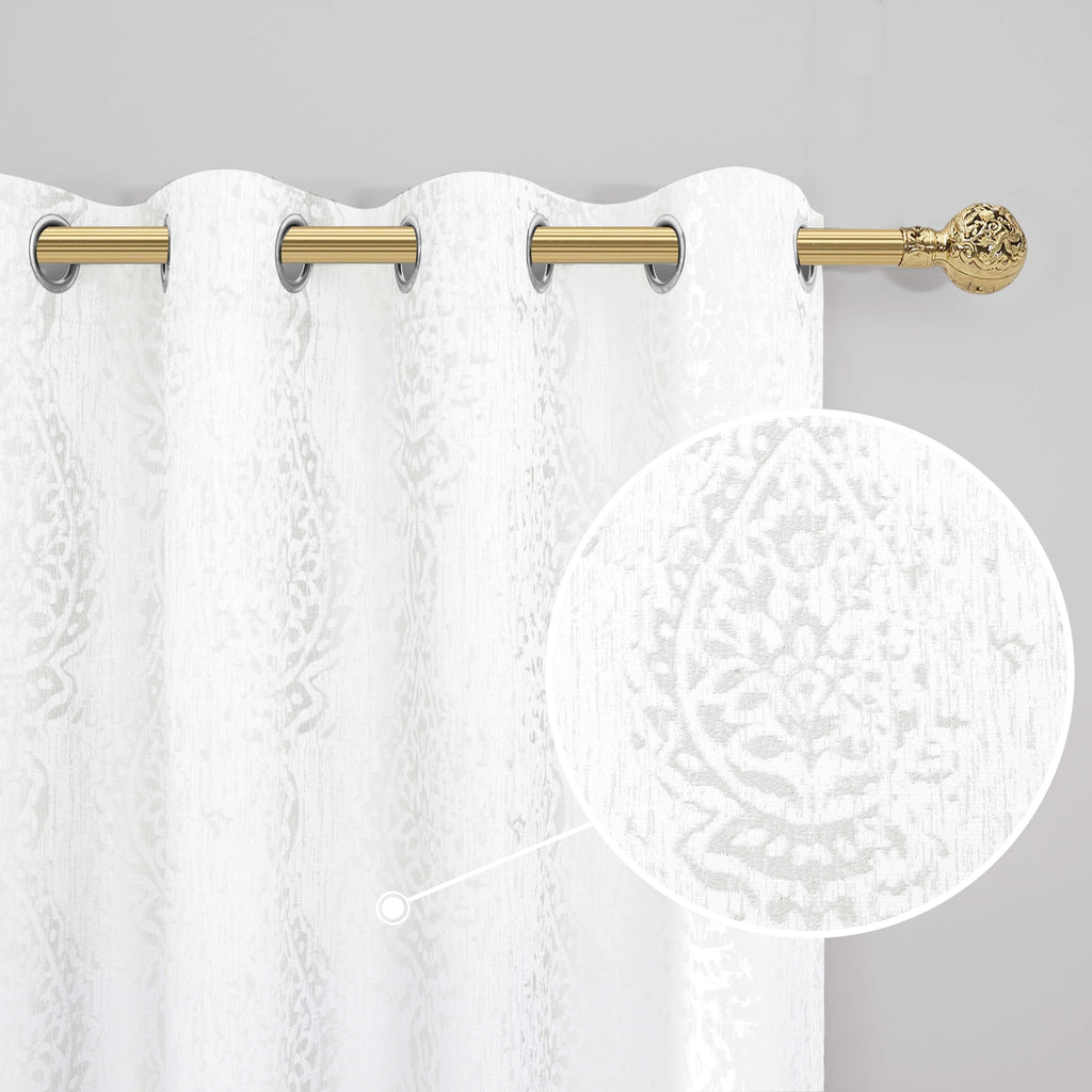 Off White Damask Moroccan Pattern 3D Jacquard Embossed Embroidered Curtains 96 Inch Length Bedroom 2 Panels Set, Ivory