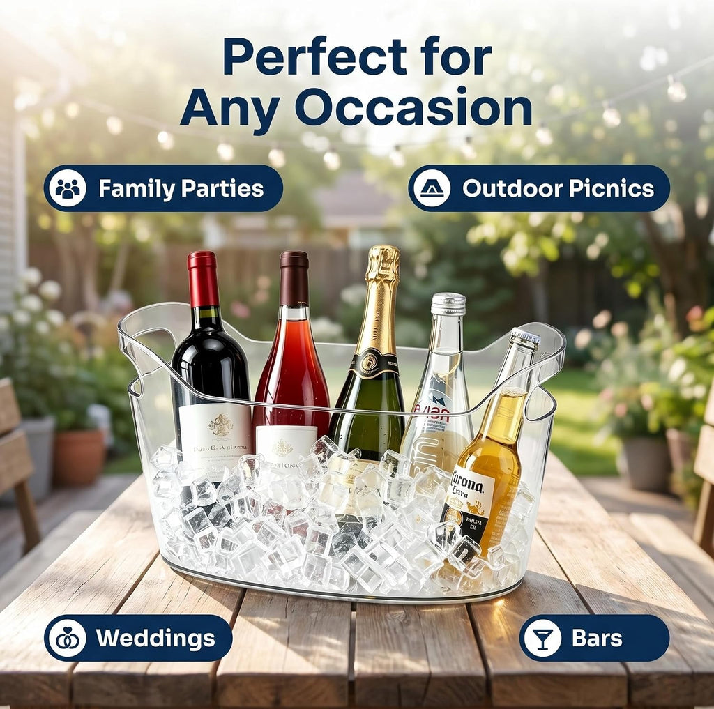 Extra Large 6.5L Clear Plastic Ice Bucket, 2 Pack Beverage Tubs with Scoops, for Champagne, Beer, Wine, Cocktails - Set of 2