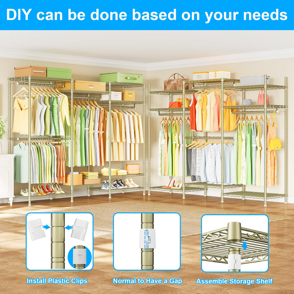 E13 Heavy Duty Clothes Rack(With 4 Hanger Rods & 8 Shelves) Freestanding Clothing Racks for Hanging