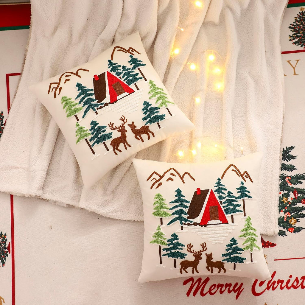 Christmas Pillow Covers 18x18 House and Deer Decorative Beige Pillow Cases Winter Holiday Velvet Embroidered - Set of 2