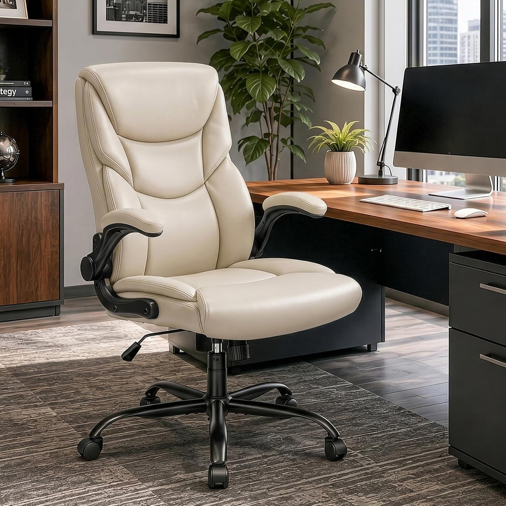 Office Executive Chair - Heavy Duty High Back Home Desk Chair with Flip-up Armrest, PU Leather, Height Adjustable &