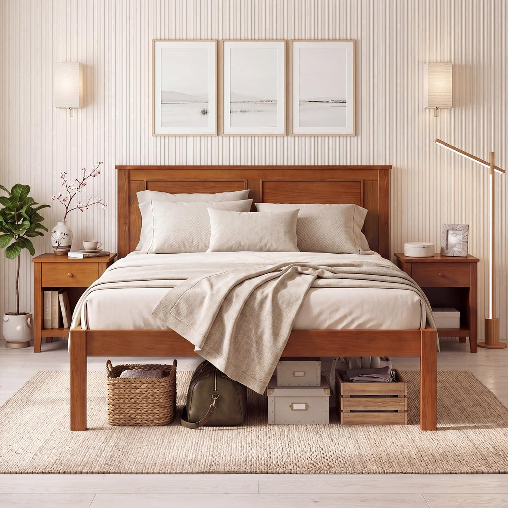 Twin Size Bed Frame, Farmhouse Wooden Platform Bed with Headboard